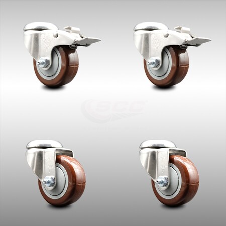 Service Caster 3.5 Inch 316SS Maroon Polyurethane Swivel Bolt Hole Caster Set with 2 Lock Brake SCC-SS316BHTTL20S3514-PPUB-MRN-2-S-2